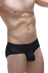 Black mens briefs in black voile with smooth, form-fitting design shown from the back side