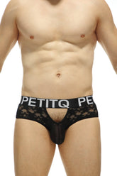 Brief ethel black lace men’s underwear with sheer mesh front and branded waistband in black lace material