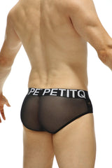 Brief ethel black lace sheer mesh briefs with black elastic waistband featuring pepetitq logo in white lettering