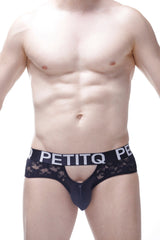 Black lace men’s brief with bold petitq logo band in satin lace material for stylish comfort and support