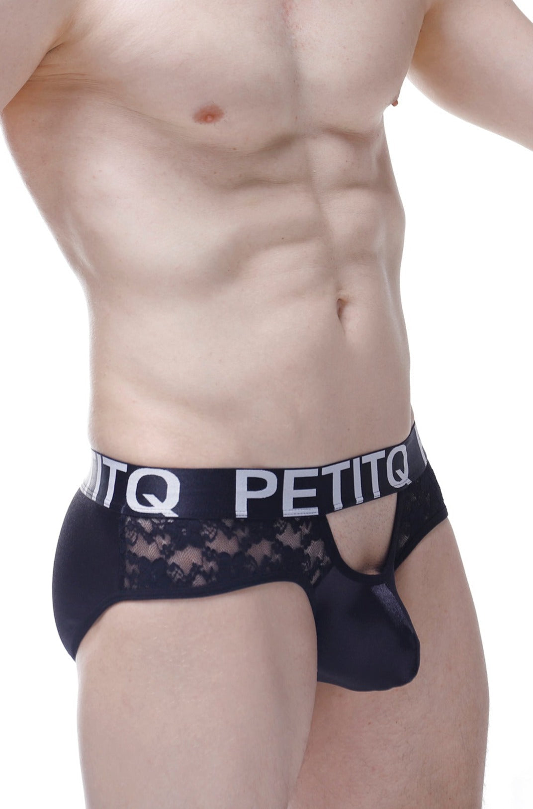 Black lace-trimmed men’s brief with satin material and bold petitq logo band for stylish comfort