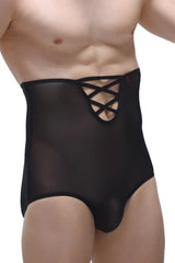 Black sheer lace-up high-waisted men’s underwear brief gaine net black with smooth form-fitting lace design
