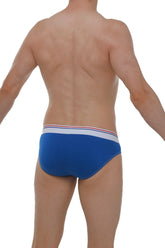 Blue briefs with a white waistband and red and blue stripes made from modal fabric in the brief hang modal blue style