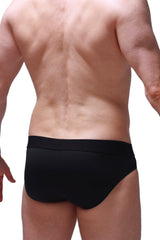 PetitQ brief hang black mens briefs in smooth form-fitting fabric with a snug waistband visible from front view