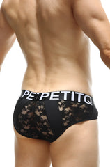 Black lace-trimmed briefs in black with a bold white Petitq waistband for stylish comfortable wear