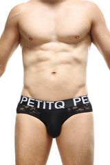Black lace-trimmed men’s briefs with white petitq logo band in brief herm lace black design