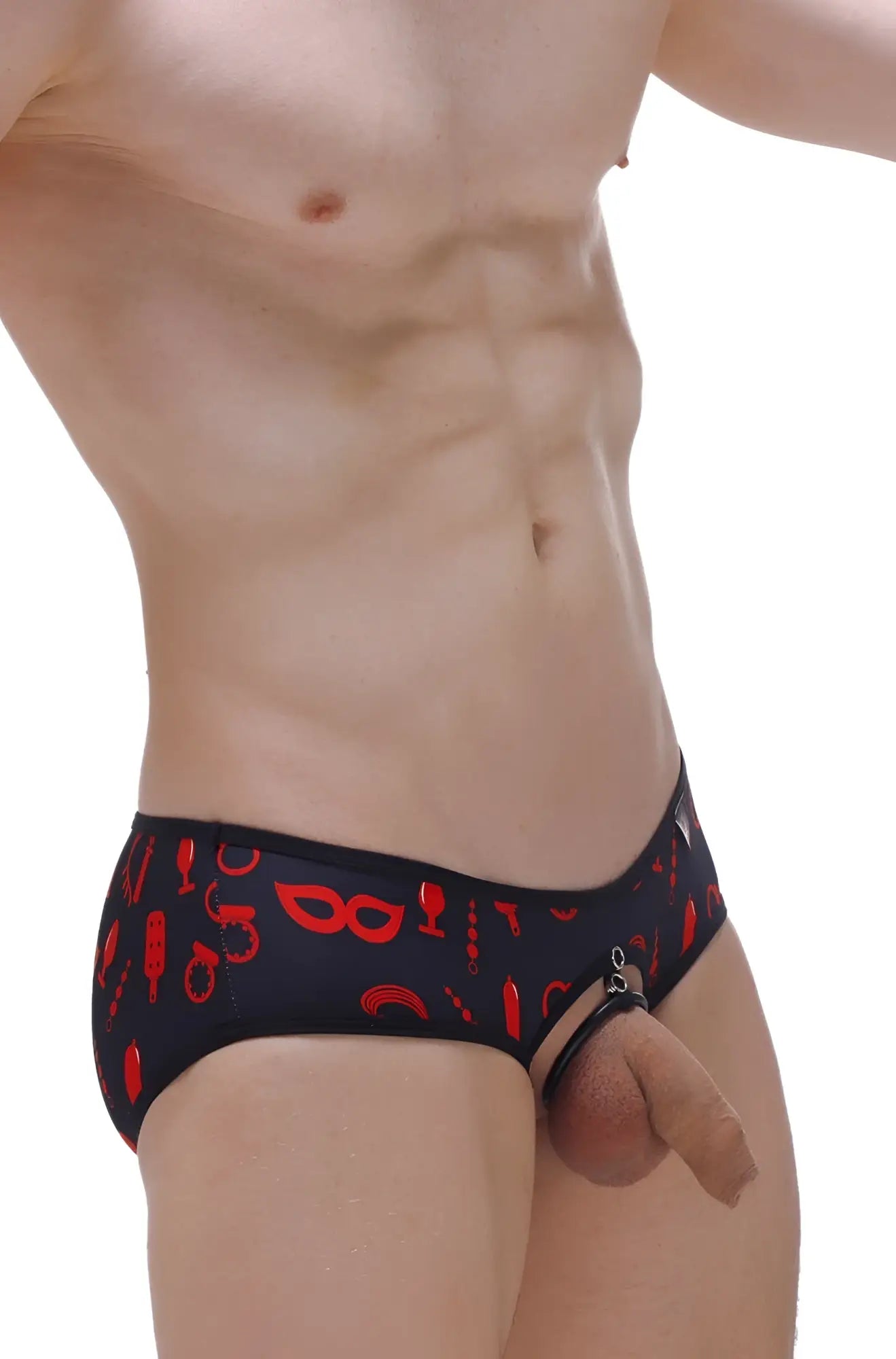 Black briefs with red erotic patterns and zipper detail designed as brief hole cockring boudoir underwear