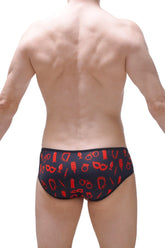 Black swim trunks brief hole cockring boudoir with bold red symbol pattern for stylish swimwear use
