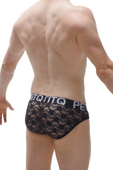 Black lace briefs with a contrasting black elastic waistband featuring white lettering from Brief Jans Lace Black collection