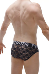 Black lace briefs with a contrasting black elastic waistband featuring white lettering from Brief Jans Lace Black collection