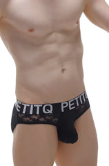 Black lace-trimmed petitq men’s briefs with bold white logo band in brief jans lace black design