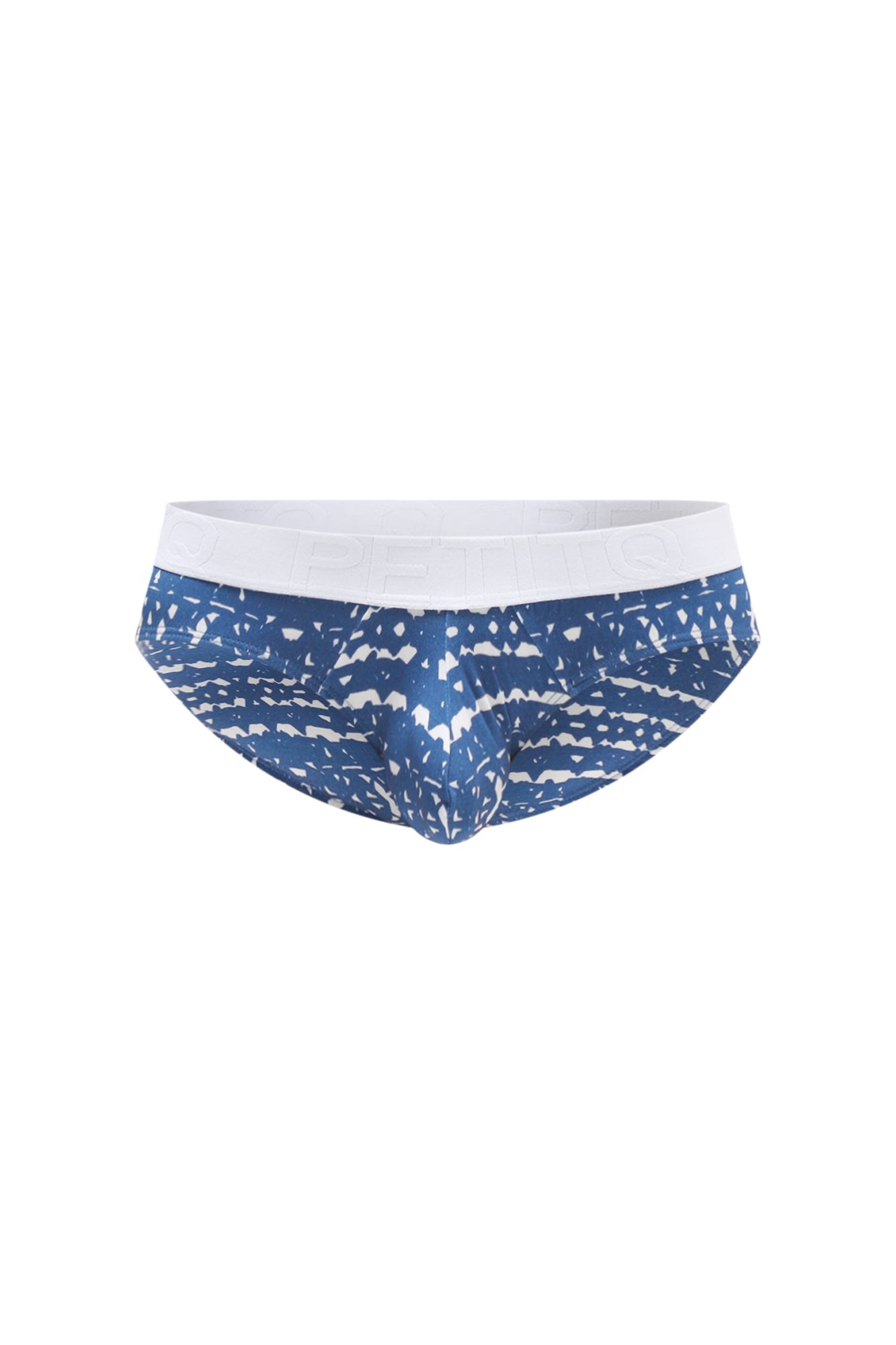 Blue and white patterned men’s briefs with solid white waistband from PetitQ brief Jans new denim collection
