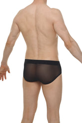 Brief lescar black sheer mesh briefs with a solid black waistband shown from the back