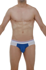 Brief linay bigout white athletic briefs in blue and white with red white and blue striped waistband front view