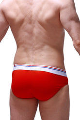 Brief Linay modal red briefs in red with a white waistband accented by thin blue and red stripes