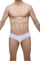 White petitq brief livet with a red white and blue striped waistband made from soft breathable fabric