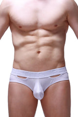 White men’s athletic briefs with a cutout design and embossed branding on the waistband in modal fabric