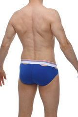 Blue men’s briefs with a white waistband featuring red and blue stripes from brief malans blue collection