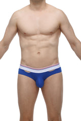 Blue men’s briefs brief malans with white waistband featuring red and blue stripes for comfortable everyday wear
