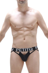 Black petitq brief mano brief black with wide waistband white lettering and thin side straps front view