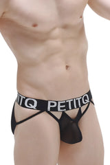 Black petitq brief mano net men’s underwear with sheer mesh front and bold white lettering on the waistband