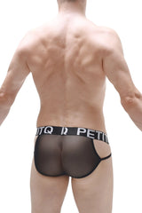Black sheer mesh briefs brief mano net with black elastic waistband and white lettering front view