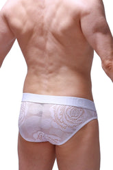 White lace briefs with delicate intricate pattern and solid white waistband from brief mega bulge coudray white collection