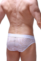 White lace briefs with delicate intricate pattern and solid white waistband from brief mega bulge coudray white collection