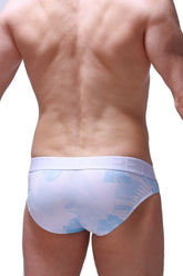 White briefs with light blue abstract brushstroke patterns and matching elastic waistband brief mega bulge marbre sky blue