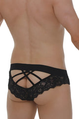 Brief miers lace black thong with crisscross back design and delicate floral lace patterns in black color