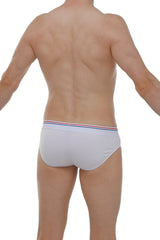 White PetitQ brief made from Anjouin modal with a striped red white and blue waistband visible from the front