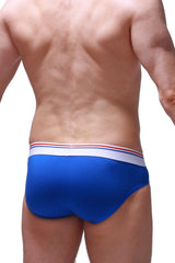 Blue men’s briefs montjoi modal with white waistband and red blue stripes for comfortable everyday wear