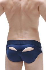 Navy blue satin briefs with distinctive cutout design and white trim on the side in Brief Moonshine Plum Navy style