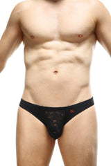 Black lace thong brief myennes lace black with subtle red logo on the side showing front view
