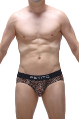 Leopard-print men’s briefs with black petitq waistband in white lettering from the petitq brief dome panthere line