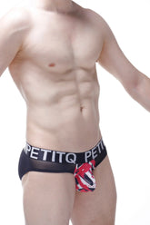 Black mesh briefs with red white and black patterned pouch and petitq branding on waistband brief noth chick product