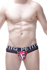 Black and red patterned mens briefs with sheer petitq logo waistband in brief noth chick style