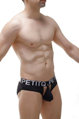 Black petitq brand brief nouans econyl black men’s briefs with contrasting white logo band and integrated pouch design
