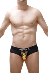 Black petitq men’s briefs featuring a vibrant yellow and red leopard print pouch for bold style and comfort