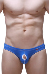 Blue men’s briefs brief open miarel featuring a white circular cutout and detailed stitching design