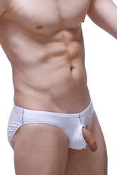This image features a pair of men's briefs, predominantly white in color with blue seams. The briefs are crafted from a blend of 82% nylon and 18% spandex, offering both comfort and durability.