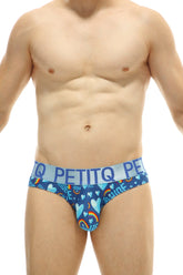 Blue petitq men’s briefs with playful hearts rainbows pattern and brand name on elastic waistband pride collection