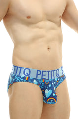 Blue petitq men’s briefs with a vibrant rainbow heart pattern and pride text for pride celebration wear