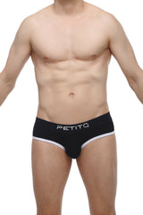 Black petitq brief retro modal made from soft modal fabric with white trim and logo on front waistband