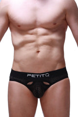 Black mesh briefs with white petitq logo on waistband from Brief Pluven Durtol black collection