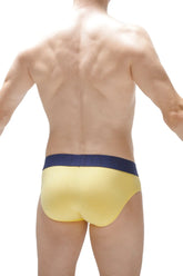 Yellow briefs with navy blue waistband made from bamboo fabric for comfort and durability