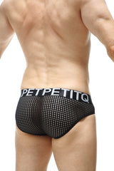 Black mesh petitq brief with a white petpetitoq logo band featuring a mega bulge durtol design