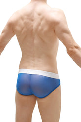 Blue translucent briefs with a white waistband featuring detachable net in cobalt for comfortable support