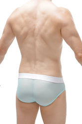 Light blue seamless briefs with white elastic waistband featuring a detachable net in teal for comfort and support