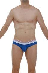 Blue men’s briefs with a white waistband featuring thin red and blue stripes made of soft modal fabric